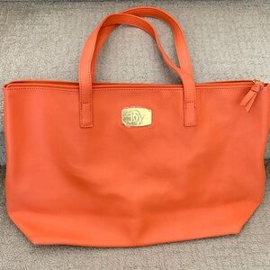 Joy Mangano Orange Leather Tote with Gold Logo Plate